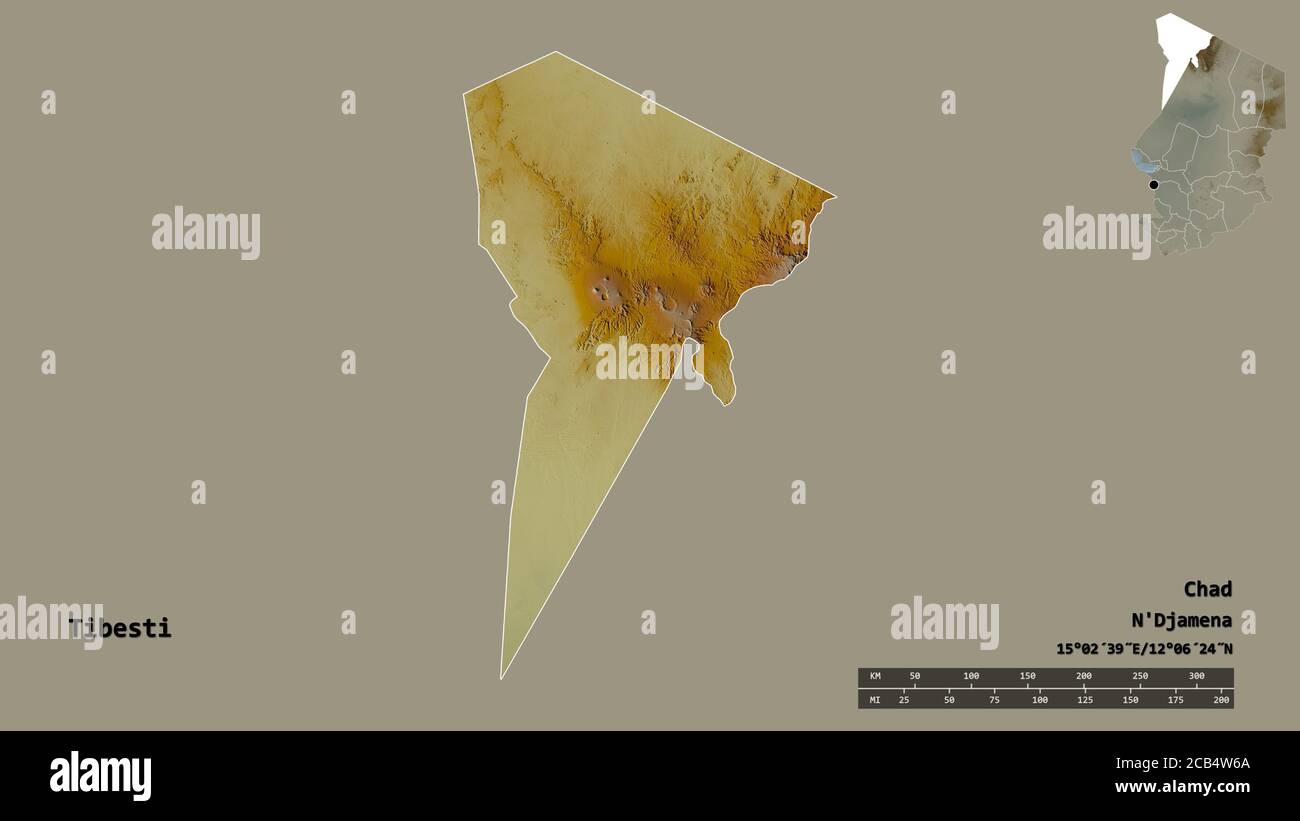 Forma di Tibetti, regione del Ciad, con la sua capitale isolata su solido sfondo. Scala della distanza, anteprima della regione ed etichette. Mappa di rilievo topografico. 3D Foto Stock