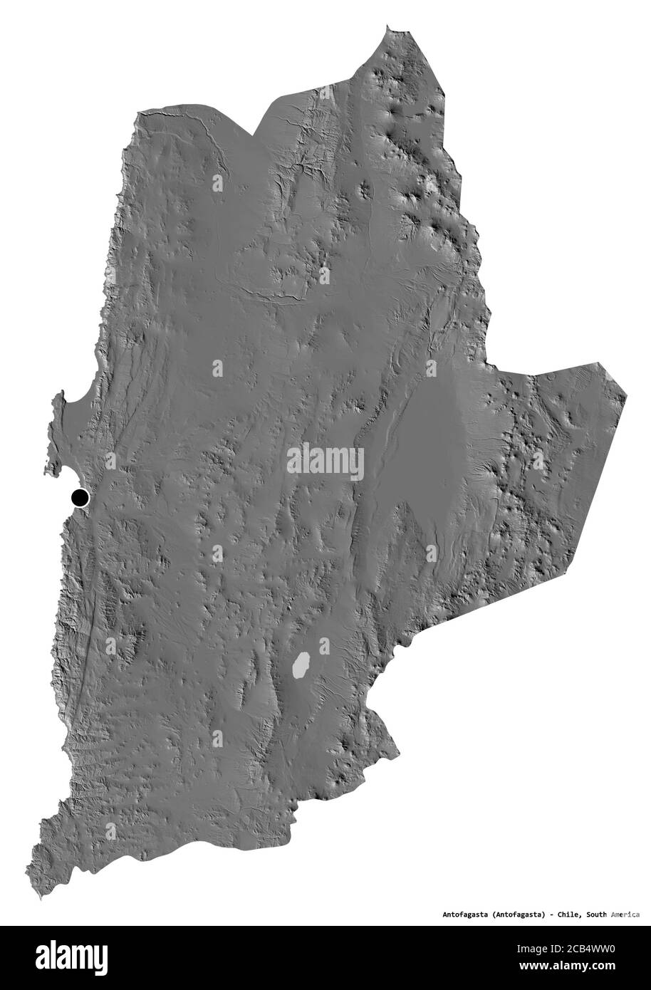 Forma di Antofagasta, regione del Cile, con la sua capitale isolata su sfondo bianco. Mappa elevazione bilivello. Rendering 3D Foto Stock