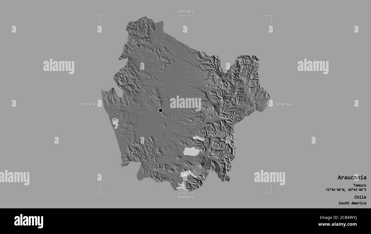 Area di Araucanía, regione del Cile, isolata su uno sfondo solido in una scatola di delimitazione georeferenziata. Etichette. Mappa elevazione bilivello. Rendering 3D Foto Stock