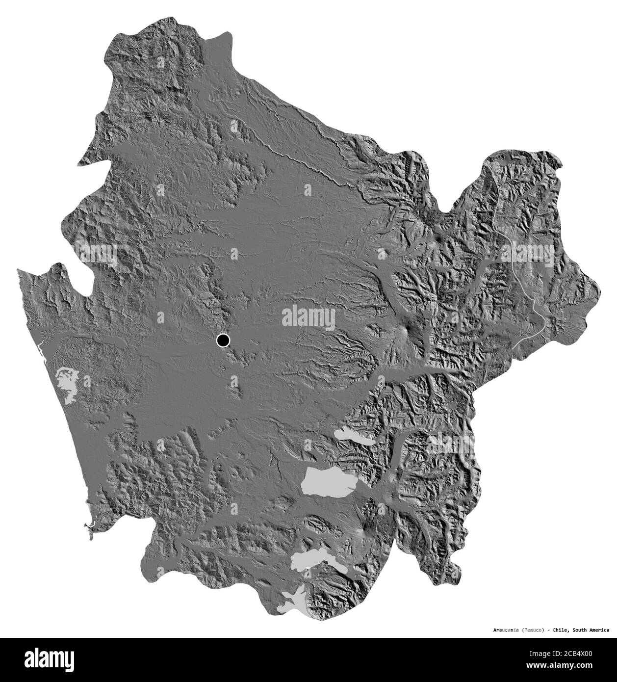 Forma di Araucanía, regione del Cile, con la sua capitale isolata su sfondo bianco. Mappa elevazione bilivello. Rendering 3D Foto Stock