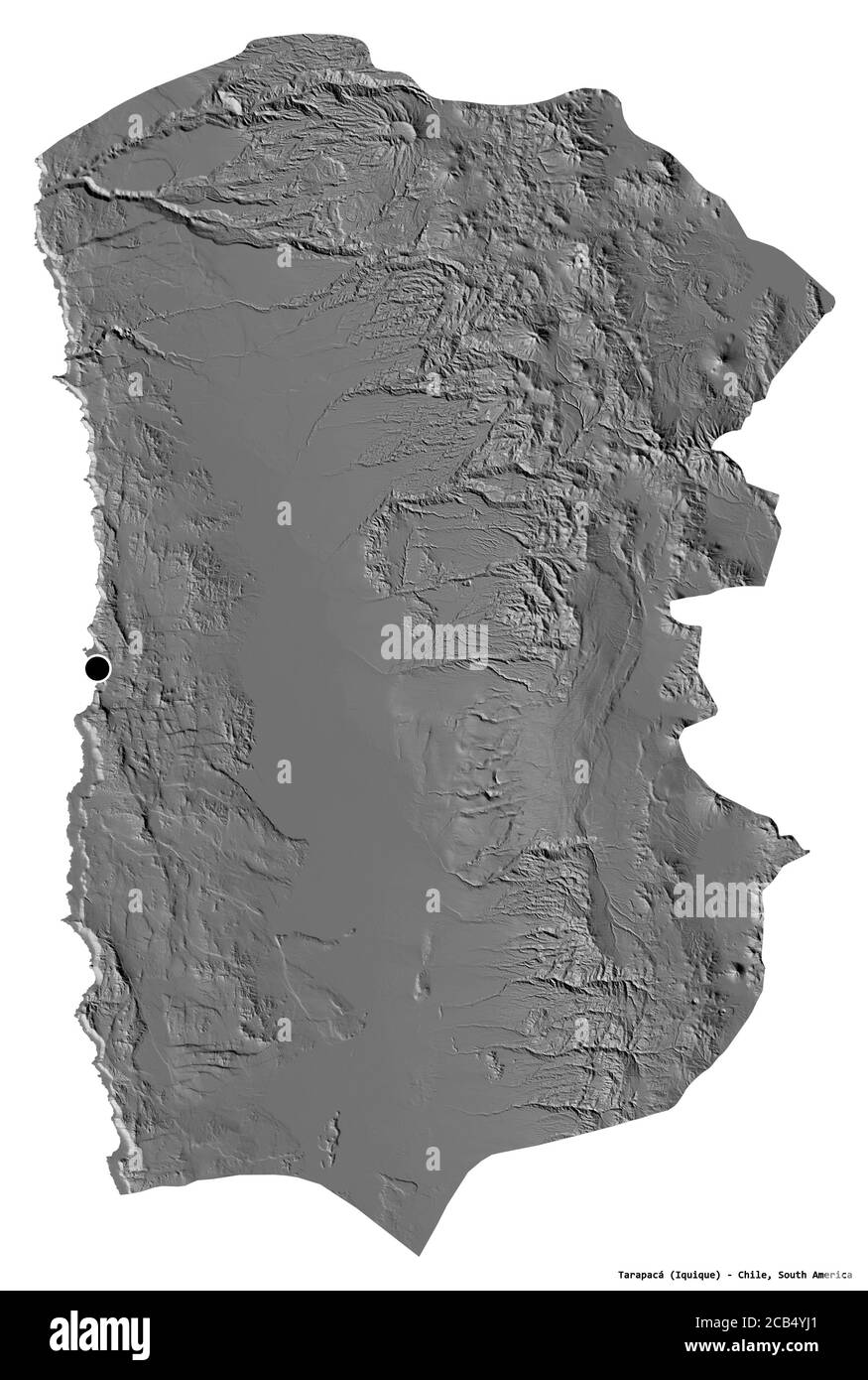 Forma di Tarapacá, regione del Cile, con la sua capitale isolata su sfondo bianco. Mappa elevazione bilivello. Rendering 3D Foto Stock