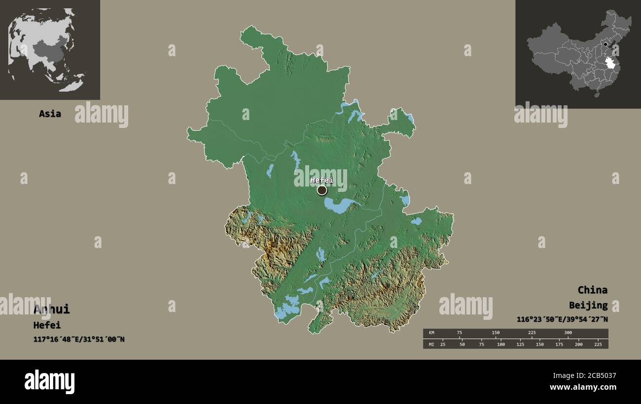 Forma di Anhui, provincia della Cina, e la sua capitale. Scala della distanza, anteprime ed etichette. Mappa di rilievo topografico. Rendering 3D Foto Stock