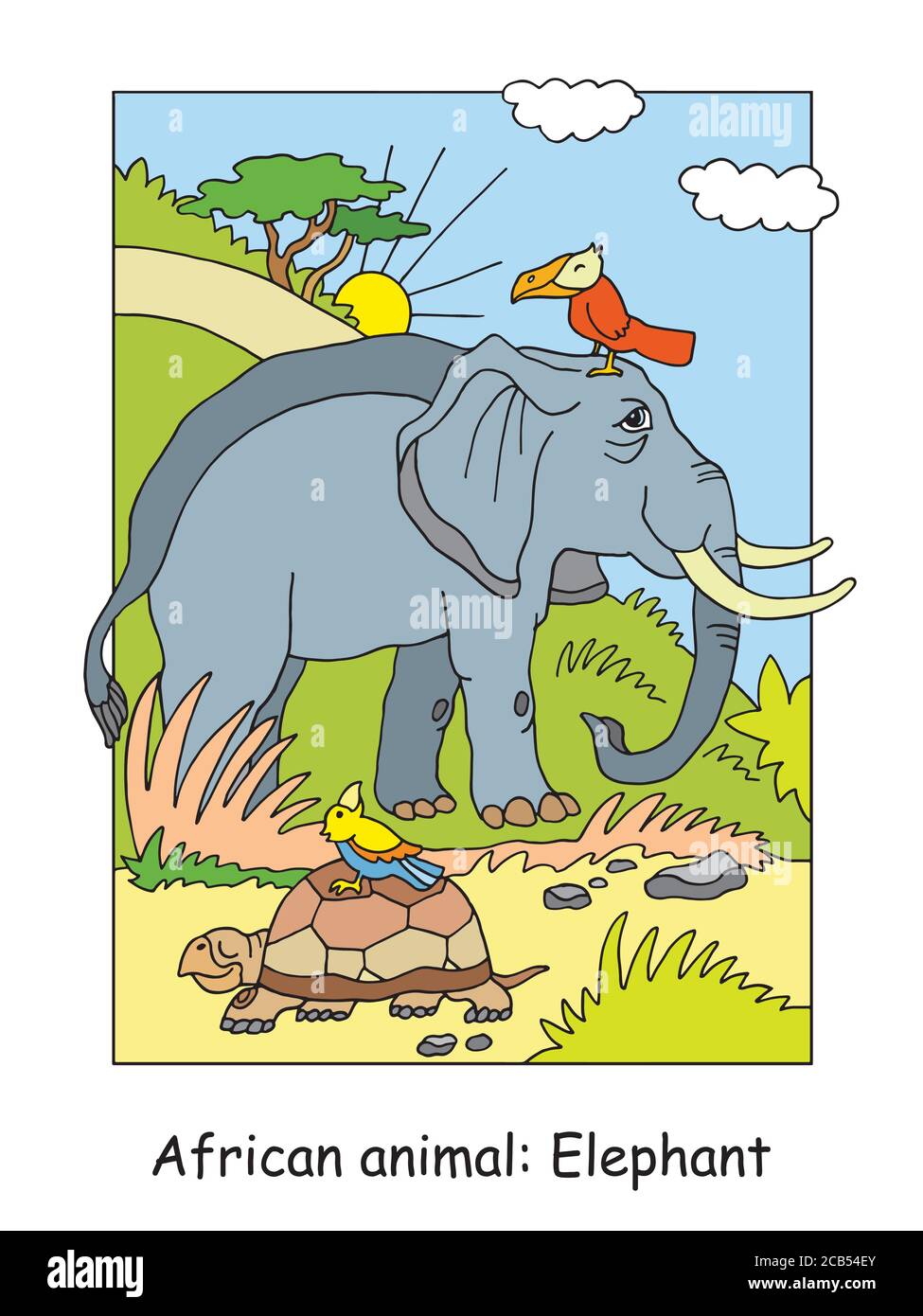 Pagine vettoriali da colorare con simpatico elefante nell'area africana. Cartoon isolato illustrazione colorata. Illustrazione di stock per disegno, libro da colorare, presch Illustrazione Vettoriale