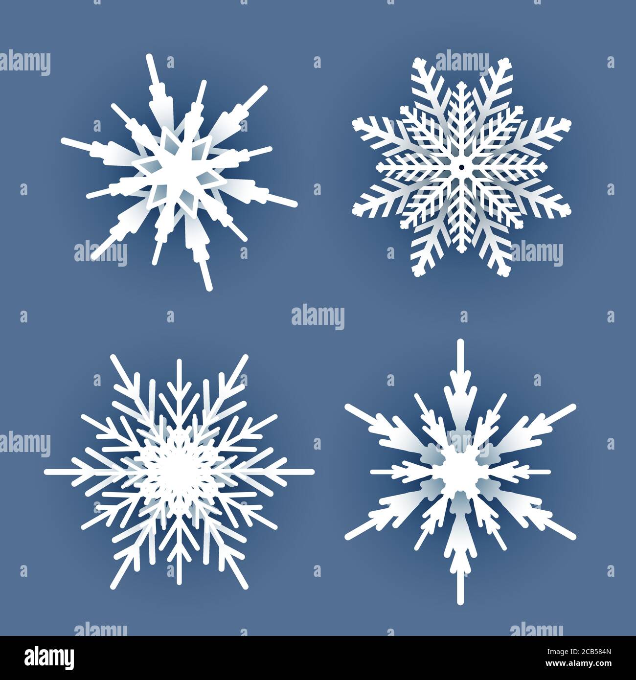 Set di fiocchi di neve bianchi di carta natalizia con ombra su sfondo blu scuro. Elementi da neve per Felice anno nuovo e buono di auguri di buon Natale Illustrazione Vettoriale