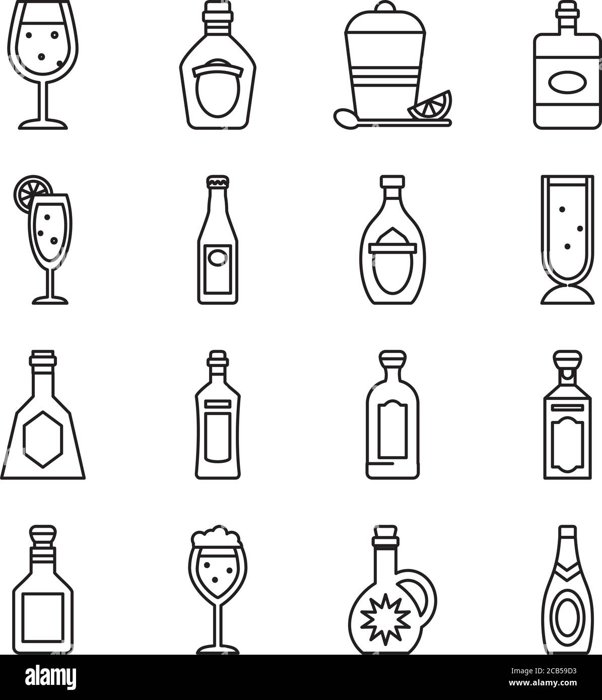 icona delle bottiglie di whisky e delle bottiglie di liquore su sfondo bianco, stile della linea, illustrazione vettoriale Illustrazione Vettoriale