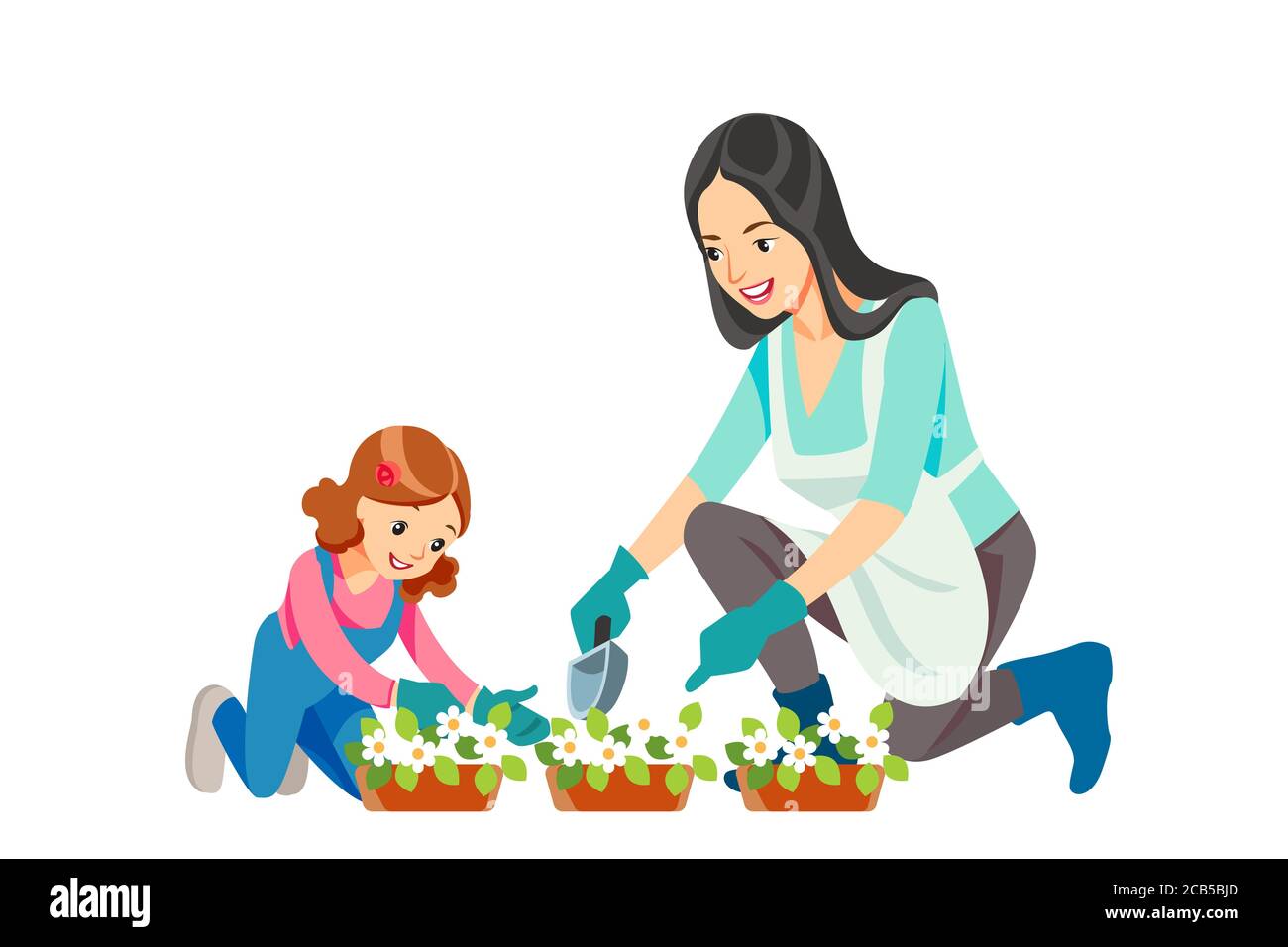 Madre e figlia, giardinaggio insieme piantando fiori nel giardino. Concetto di maternità allevamento di bambini. Concetto di festa della mamma. Cartoon piatto Illustrazione Vettoriale