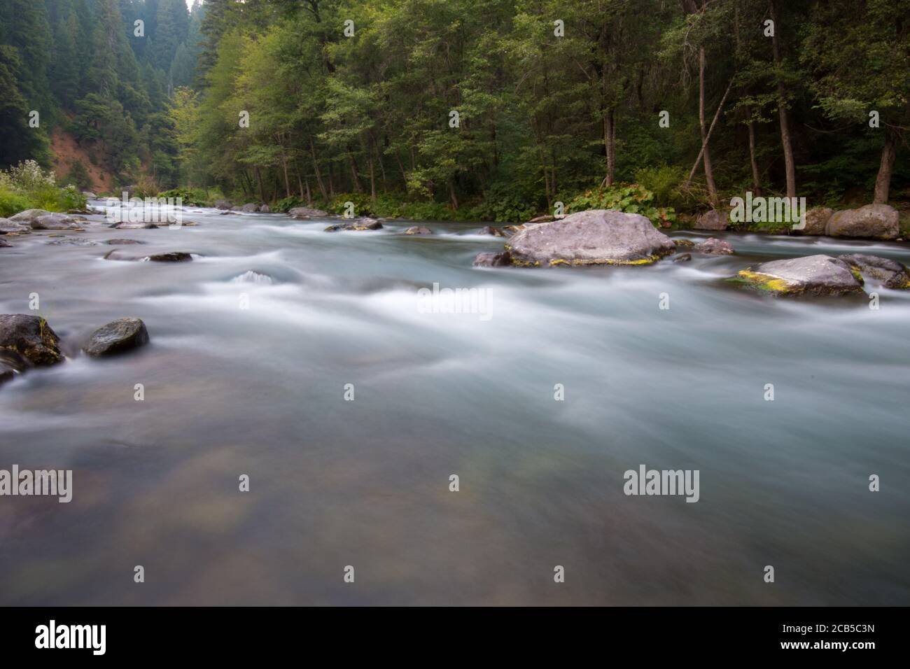 lunga esposizione della vista del fiume con acqua nuvolosa che scorre verso il basso ruscello e scogliera rocciosa sul fiume con vegetazione verde ai lati del fiume Foto Stock