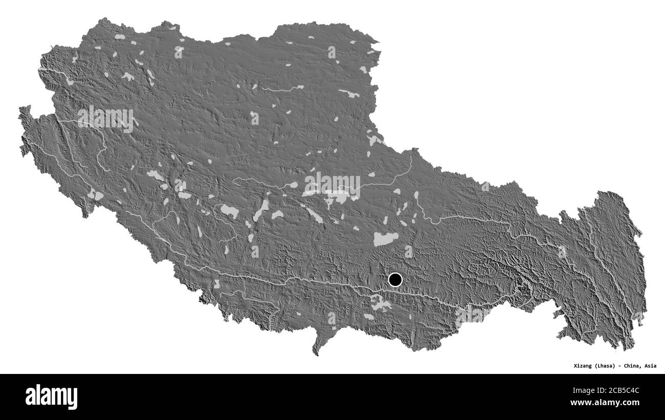Forma di Xizang, regione autonoma della Cina, con la sua capitale isolata su sfondo bianco. Mappa elevazione bilivello. Rendering 3D Foto Stock