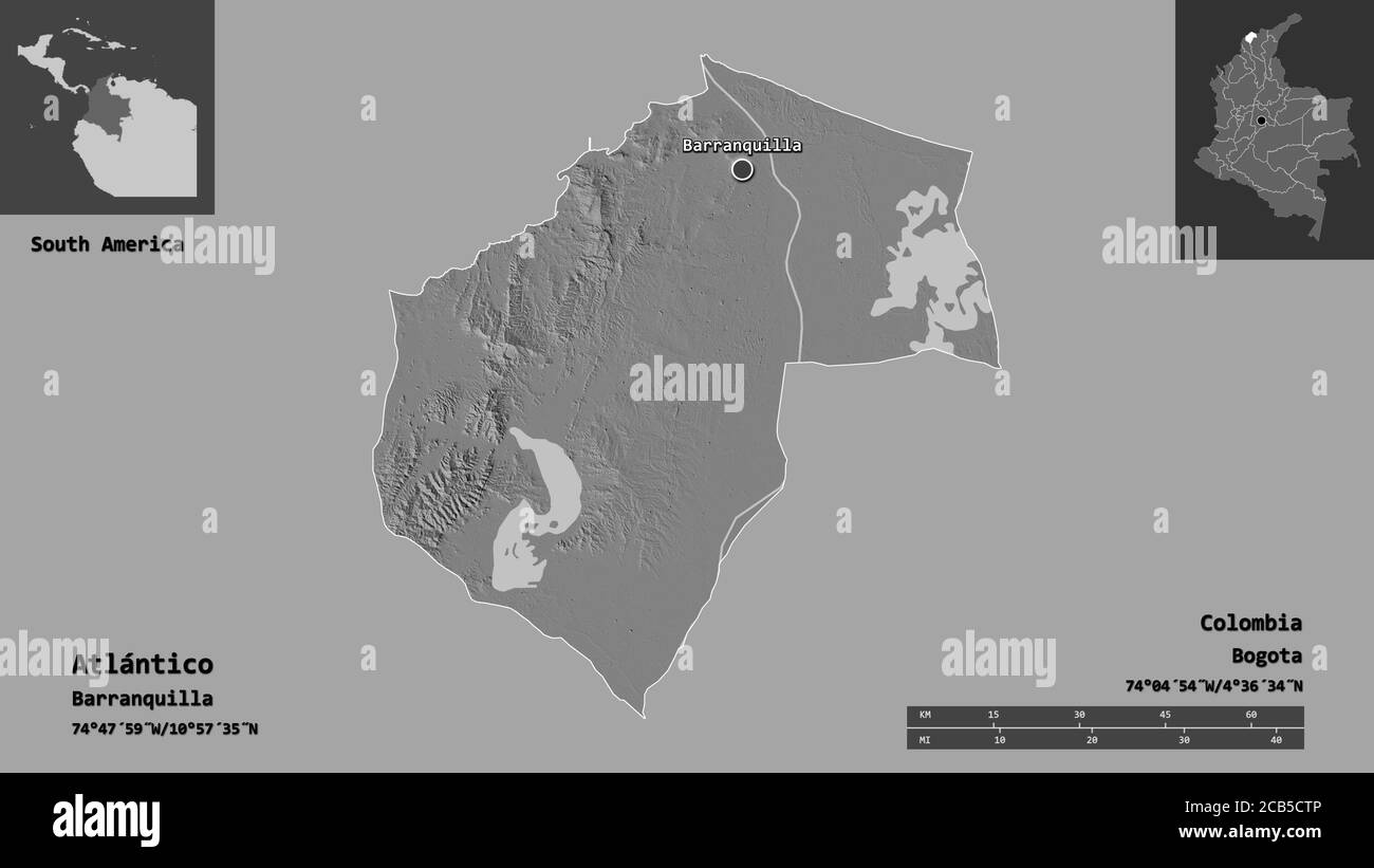 Forma di Atlántico, dipartimento della Colombia, e la sua capitale. Scala della distanza, anteprime ed etichette. Mappa elevazione bilivello. Rendering 3D Foto Stock