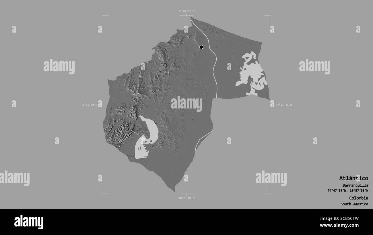 Area di Atlántico, dipartimento della Colombia, isolata su uno sfondo solido in una scatola di delimitazione georeferenziata. Etichette. Mappa elevazione bilivello. Rendering 3D Foto Stock