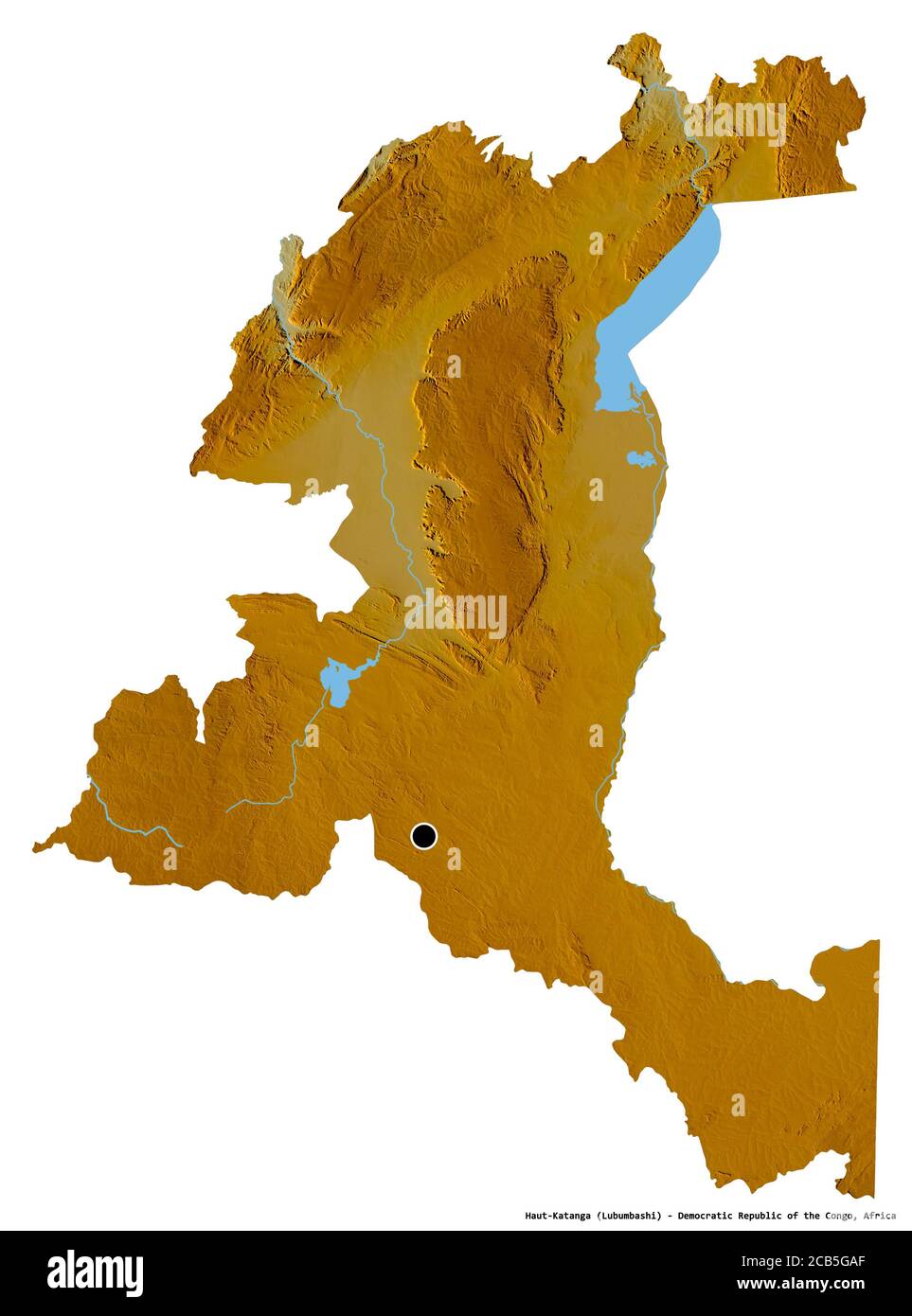 Forma di Haut-Katanga, provincia della Repubblica Democratica del Congo, con la sua capitale isolata su sfondo bianco. Mappa di rilievo topografico. Rendering 3D Foto Stock