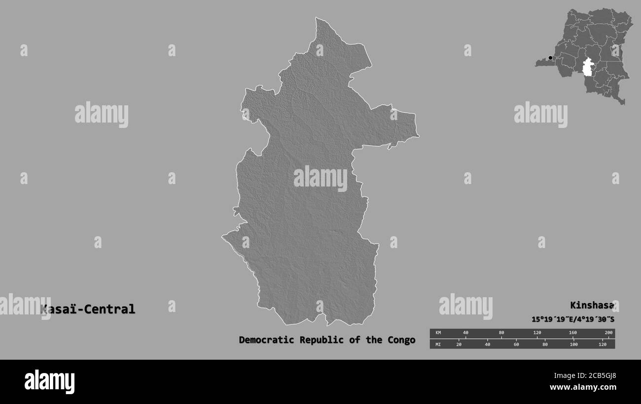 Forma di Kasaï-Central, provincia della Repubblica Democratica del Congo, con la sua capitale isolata su solido sfondo. Scala della distanza, anteprima della regione AN Foto Stock