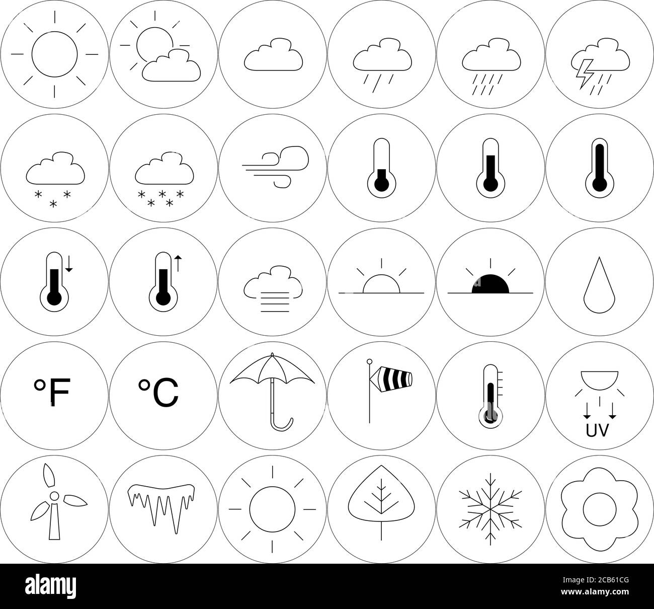 icone meteo vettoriali in cerchi su sfondo bianco Illustrazione Vettoriale