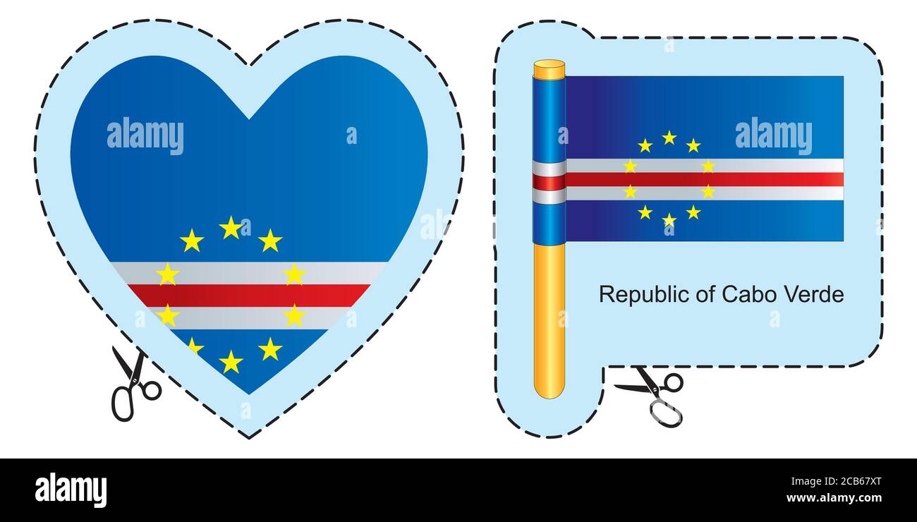 Bandiera di Capo Verde. Simbolo di taglio vettoriale qui, isolato su bianco. Può essere utilizzato per design, adesivi, souvenir. Illustrazione Vettoriale