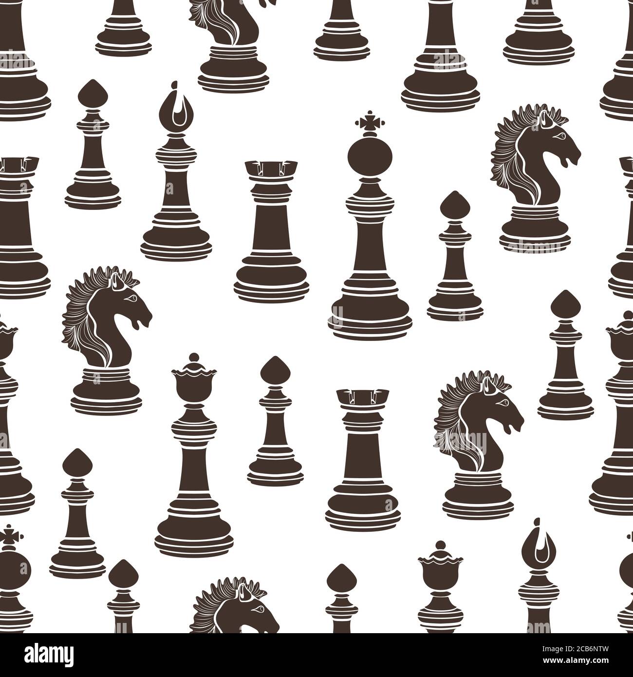 Pezzi di scacchi motivo senza cuciture, Chessmen piatto in bianco e nero disegno, silhouette. Figure pedina, re, regina, vescovo, cavaliere, rook su sfondo bianco, Illustrazione Vettoriale