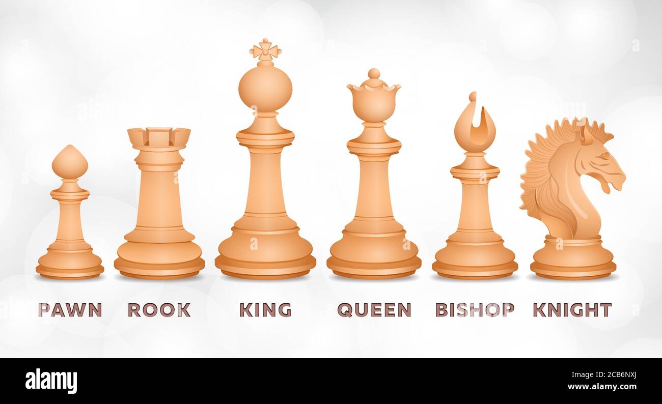 Chessmen, set di scacchi, disegno realistico. Figurine per gioco intellettuale, pedina pezzo, re, regina, vescovo, cavaliere, rook, con i nomi di figura firmati isola Illustrazione Vettoriale