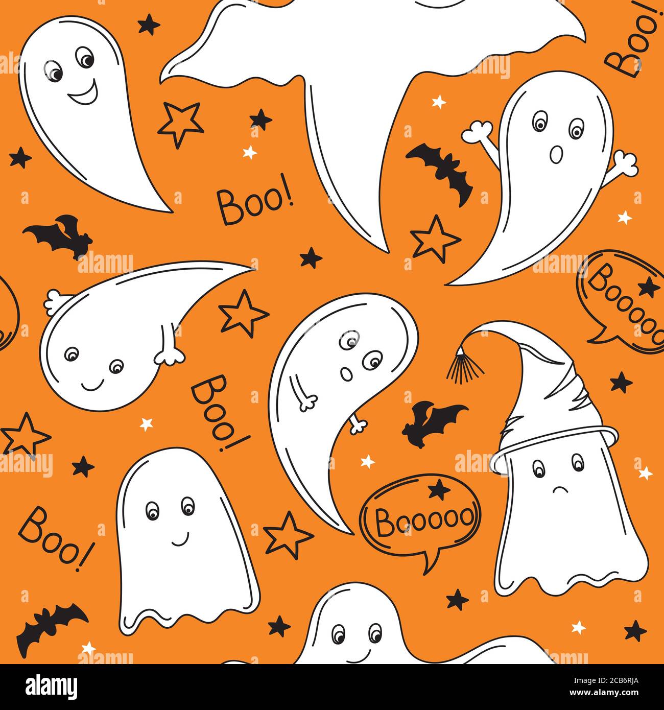 Graziosi fantasmi bianchi su sfondo arancione. Illustrazione di un Halloween felice. Pattern vettoriale senza giunture con fantasmi dello stile di disegno dei bambini. Piatto Illustrazione Vettoriale