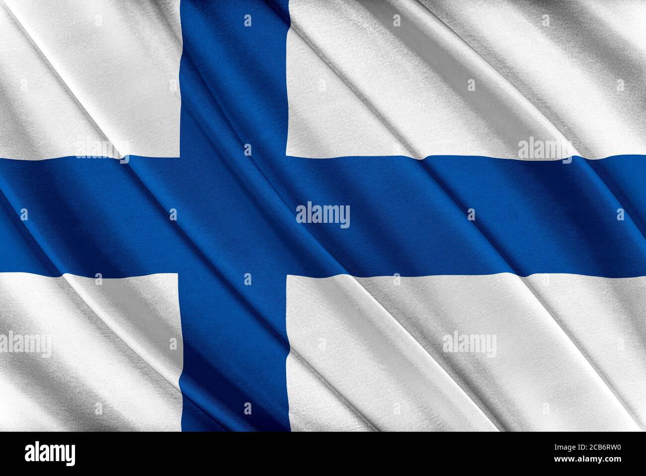 Bandiera colorata della Finlandia che sventola nel vento. Foto Stock