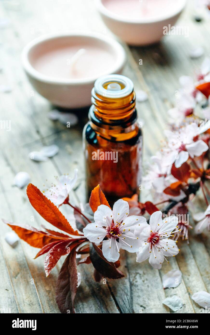 Olio essenziale da massaggio con fiore su fondo rustico in legno. Benessere naturale e aromaterapia trattamento still life. Omeopatia e alternativa Foto Stock