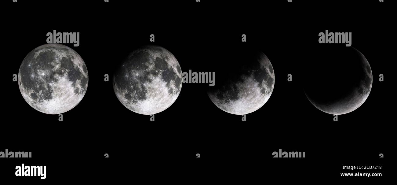 Fasi lunari su baclground nero. Fasi lunari della terra satelite. Mezza luna, quarto e luna piena. Rendering 3D Foto Stock
