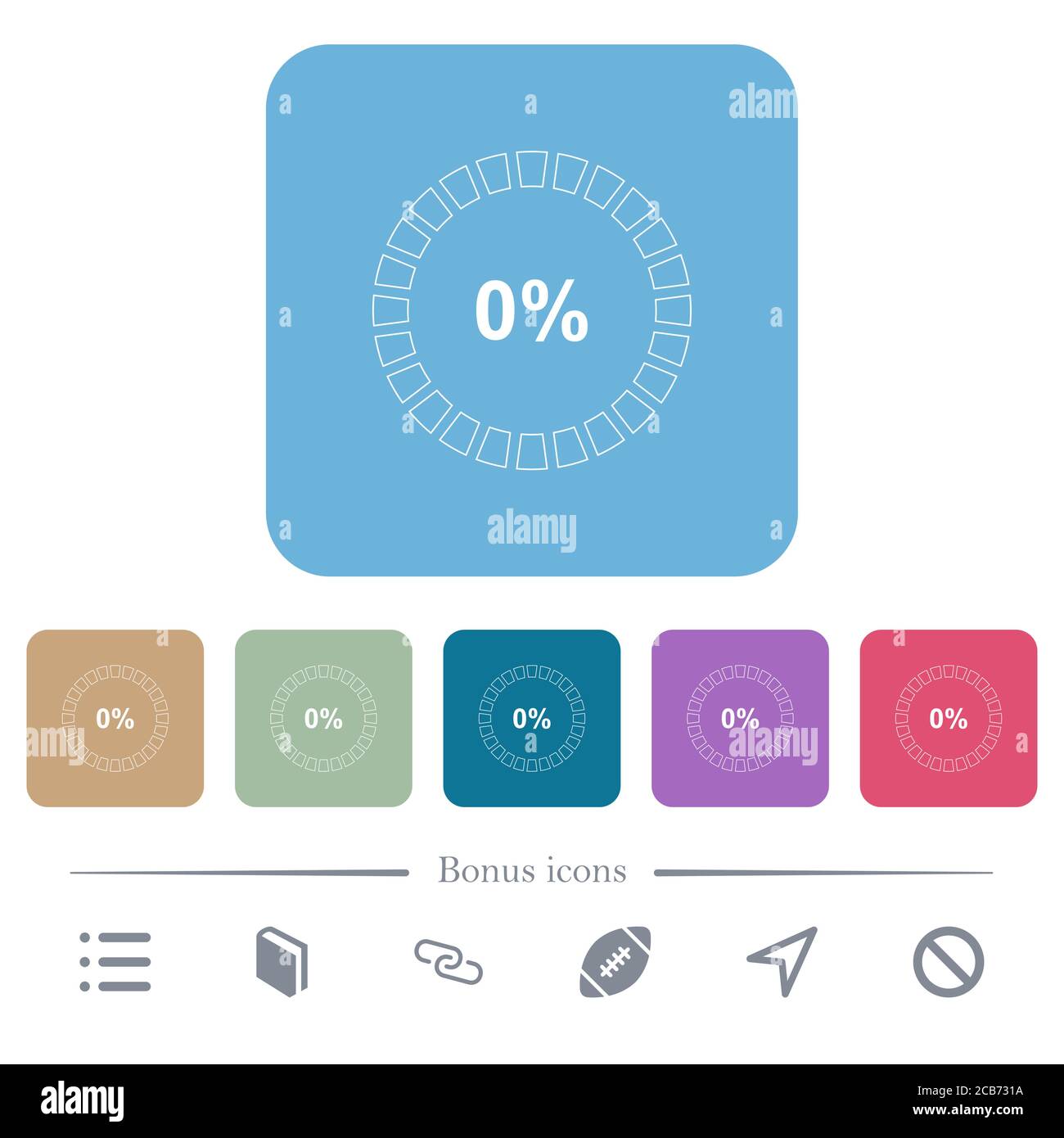 0% di icone piatte bianche caricate su sfondi quadrati arrotondati a colori. 6 icone bonus incluse Illustrazione Vettoriale