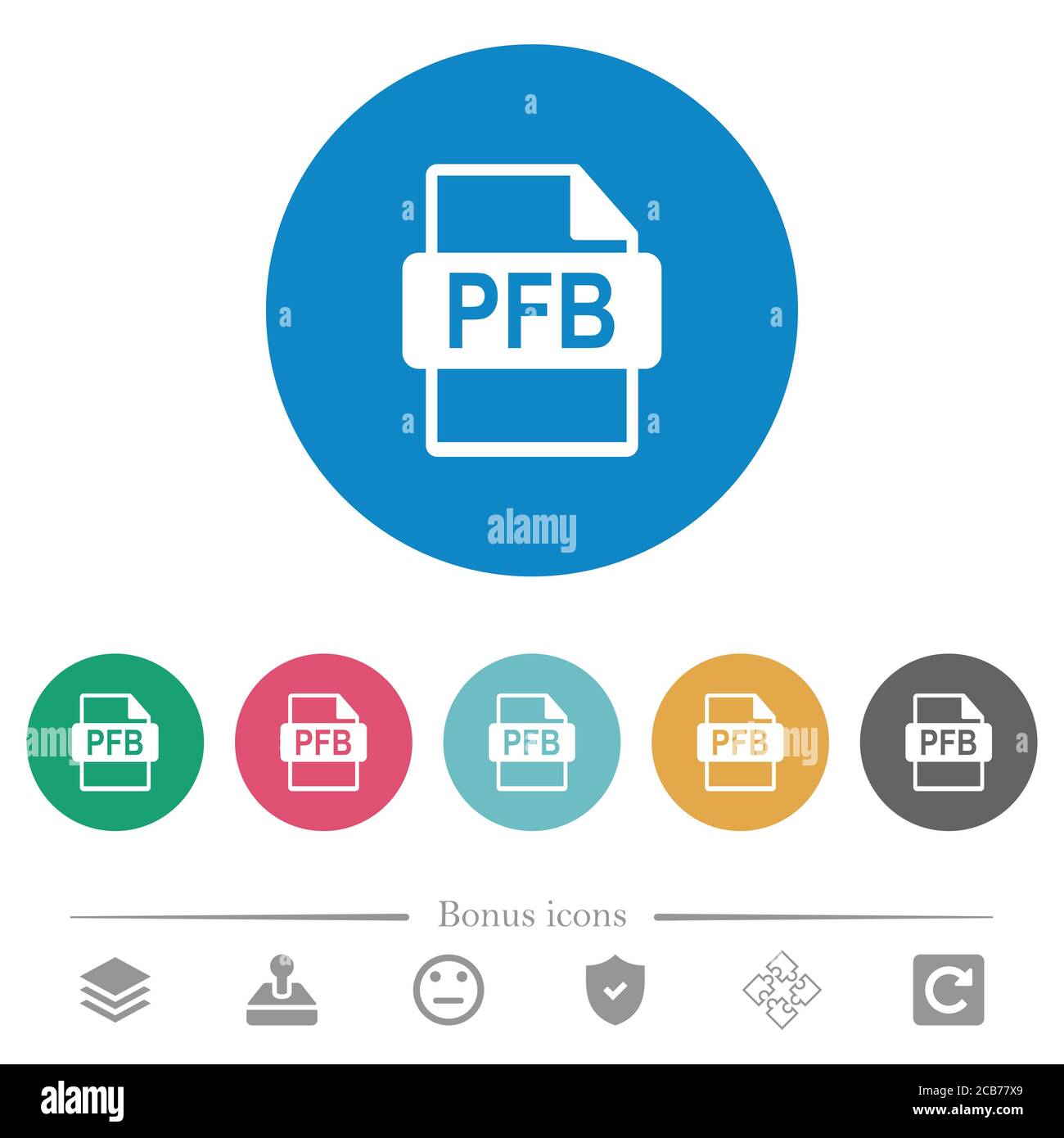 Formato file PFB icone bianche piatte su sfondi rotondi. 6 icone bonus incluse. Illustrazione Vettoriale