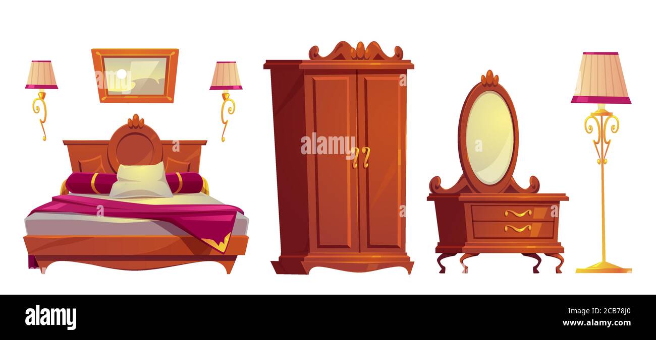Mobili in legno per la vecchia camera da letto di lusso isolato su sfondo bianco. Cartoon vettoriale con letto vintage con copertina rosa, armadio, lampade dorate e toeletta con specchio Illustrazione Vettoriale