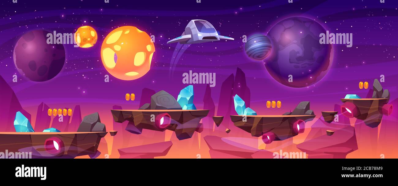 Piattaforma di giochi spaziali, cartoon 2d gui alien planet paesaggio, computer o sfondo mobile con astronave, elementi arcade per saltare e oggetti bonus. COSMOS, illustrazione vettoriale futuristica dell'universo Illustrazione Vettoriale