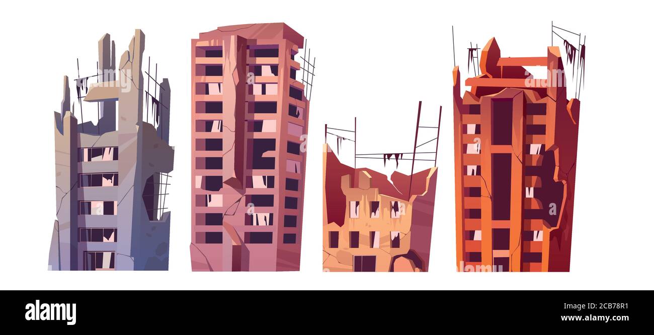 Distrutti gli edifici della città dopo la guerra o il disastro naturale. Vettore cartoon insieme di abbandonate case rotte isolato su sfondo bianco. Derelict città rovine dopo esplosione o terremoto Illustrazione Vettoriale