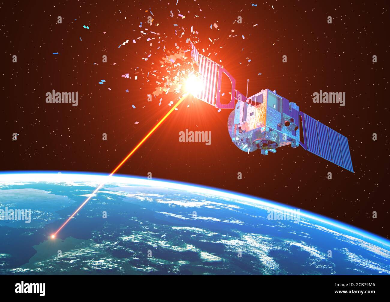 L'arma laser dalla Terra distrugge il satellite nello spazio. Illustrazione 3D. Foto Stock