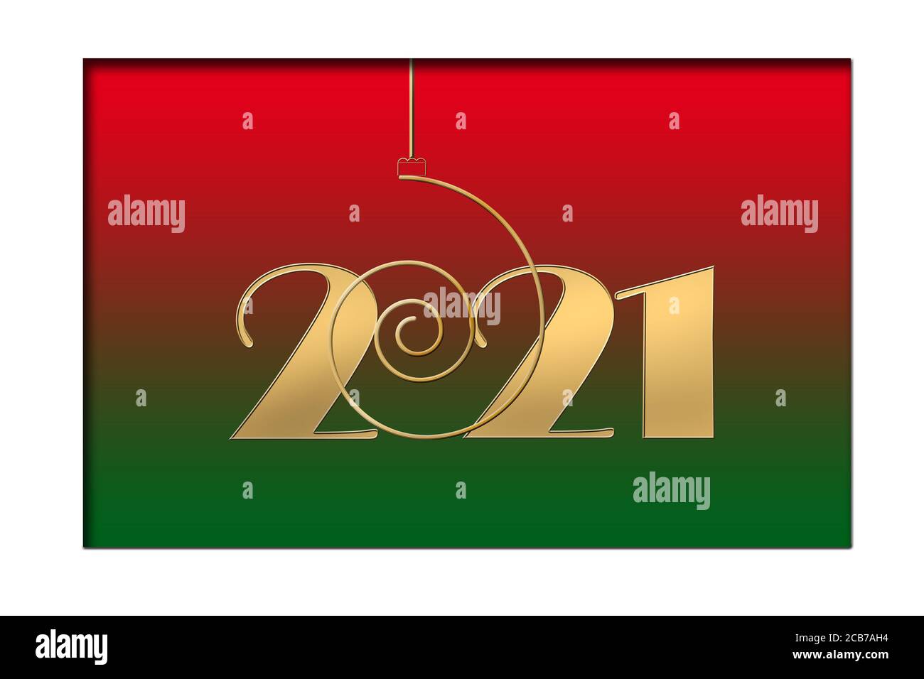 Buona carta anno 2021. Appendere il numero d'oro 2021 su sfondo rosso verde. Volantini per le feste stagionali, biglietti di auguri e inviti, striscioni di natale. Nuova selezione anno. Illustrazione 3D. Foto Stock