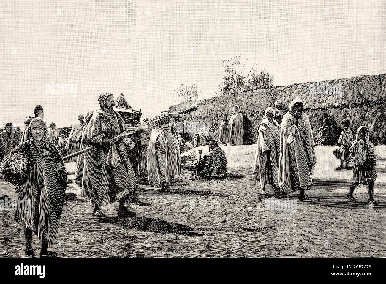 Le confraternite religiose musulmane raccolgono donazioni per le strade, in Marocco. Antico XIX secolo inciso illustrazione da la Ilustracion Española y americana 1894 Foto Stock