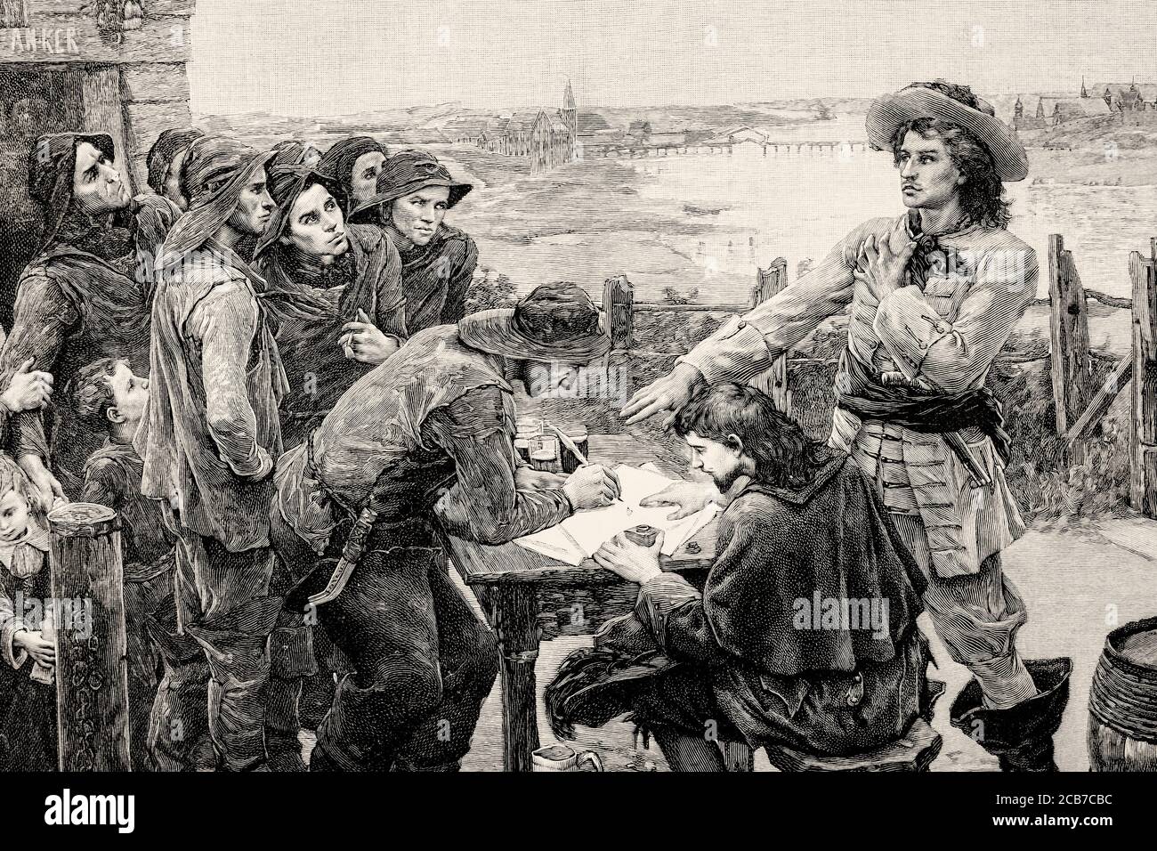 Il privato francese Jean Bart reclutando soldati a Dunkerque, Francia. Antico XIX secolo inciso illustrazione da la Ilustracion Española y americana 1894 Foto Stock