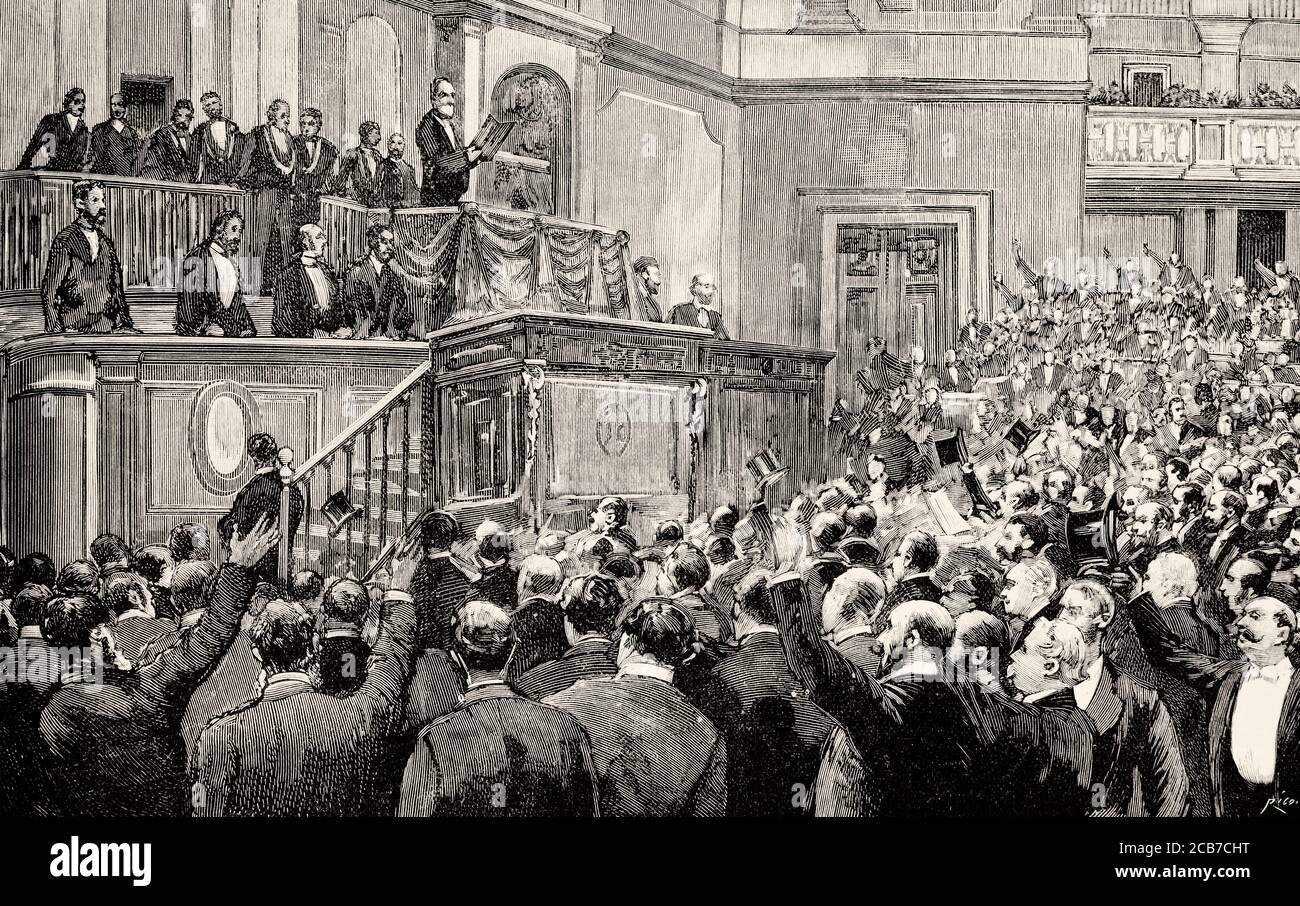 Proclamazione di Jean Casimir-Perier (1847-1907) come quinto presidente della terza Repubblica francese a Versailles Parigi, Francia. Antico XIX secolo inciso illustrazione da la Ilustracion Española y americana 1894 Foto Stock