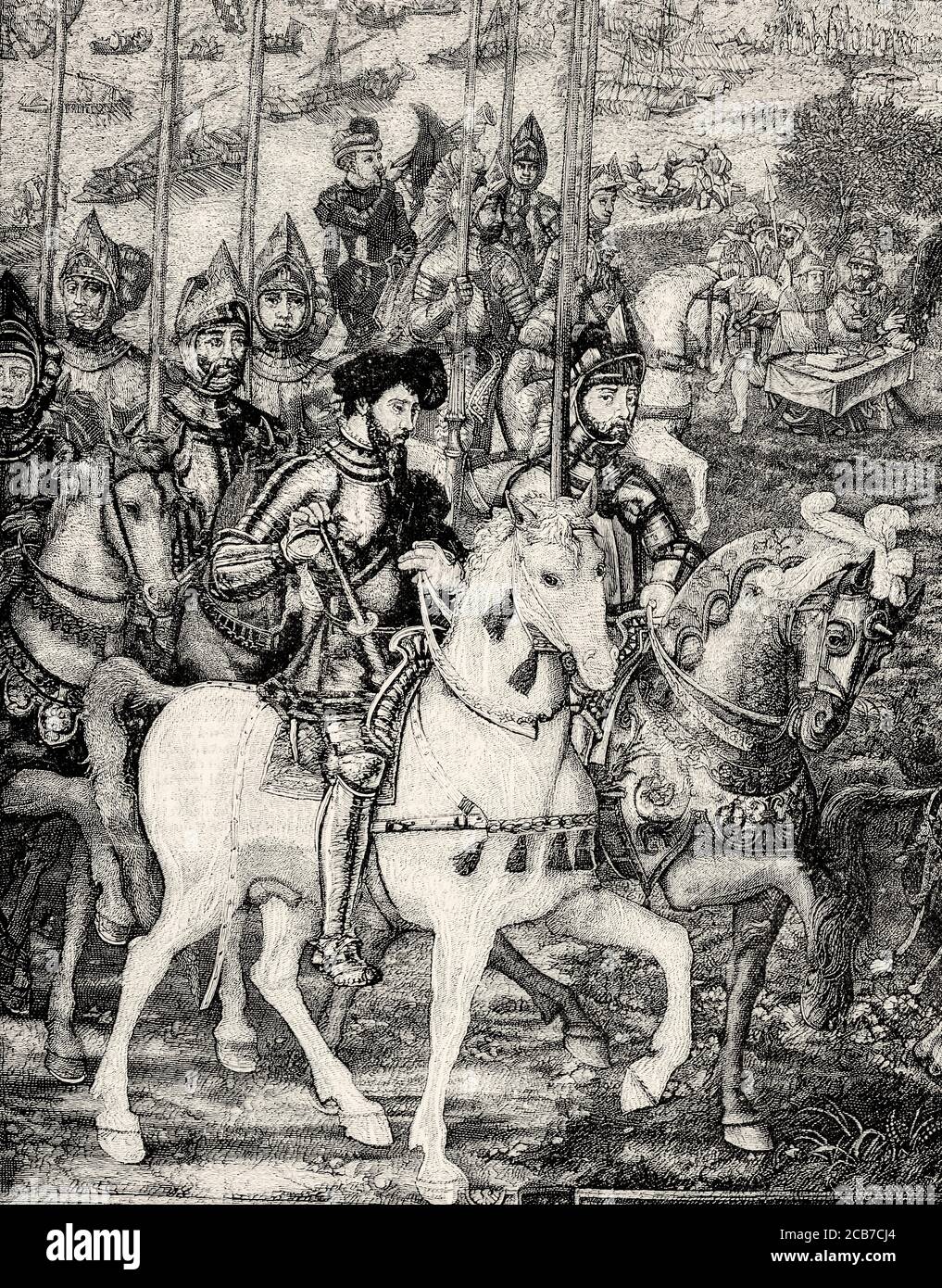 Storia della conquista della Tunisia. Spedizione dell'imperatore spagnolo Carlos V nel giugno 1535 a Tunisi per recuperarla dalle mani dell'ammiraglio ottomano Barbarossa. Carlo V rivede le sue truppe a Barcellona prima della sua spedizione contro Tunisi. Biblioteca militare storica di Barcellona. Catalogna, Spagna. Antico XIX secolo inciso illustrazione da la Ilustracion Española y americana 1894 Foto Stock