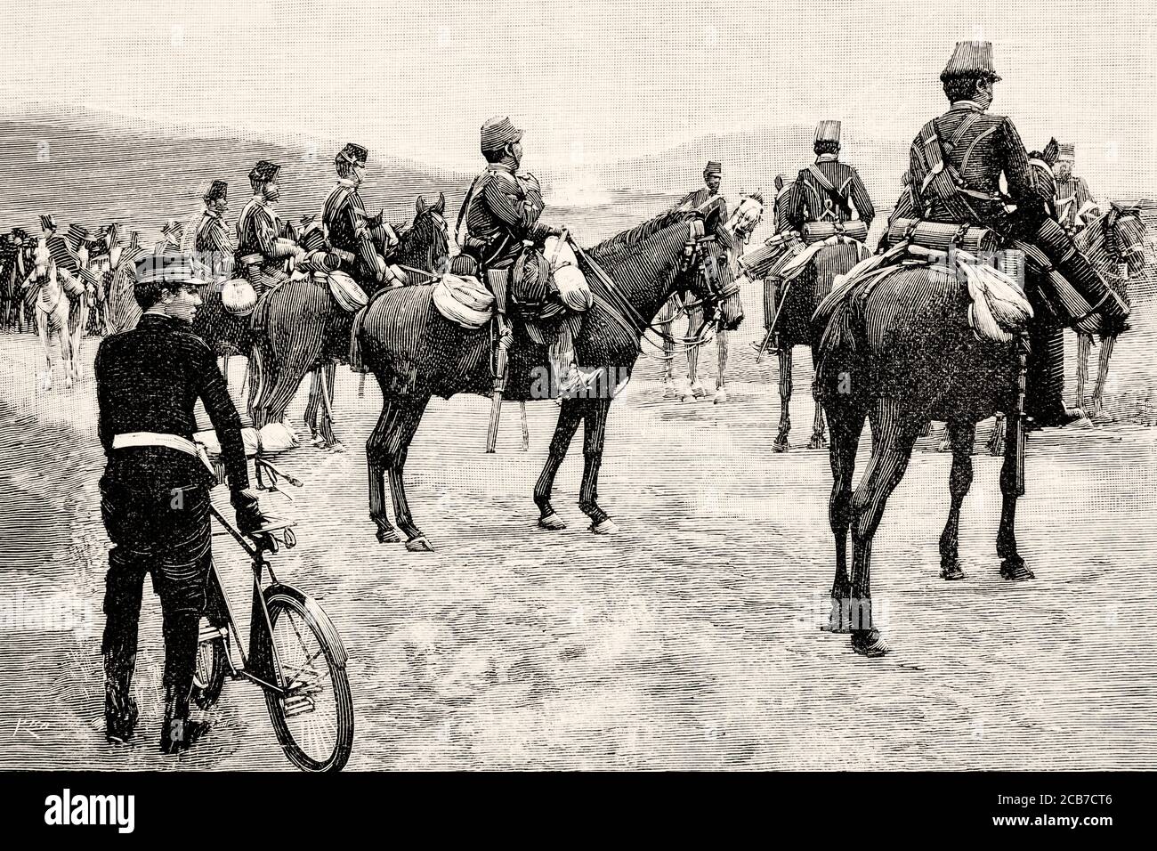Manovre dell'esercito spagnolo a Guadarrama, velocipedes nella campagna 1894. Spagna. Antico XIX secolo inciso illustrazione da la Ilustracion Española y americana 1894 Foto Stock