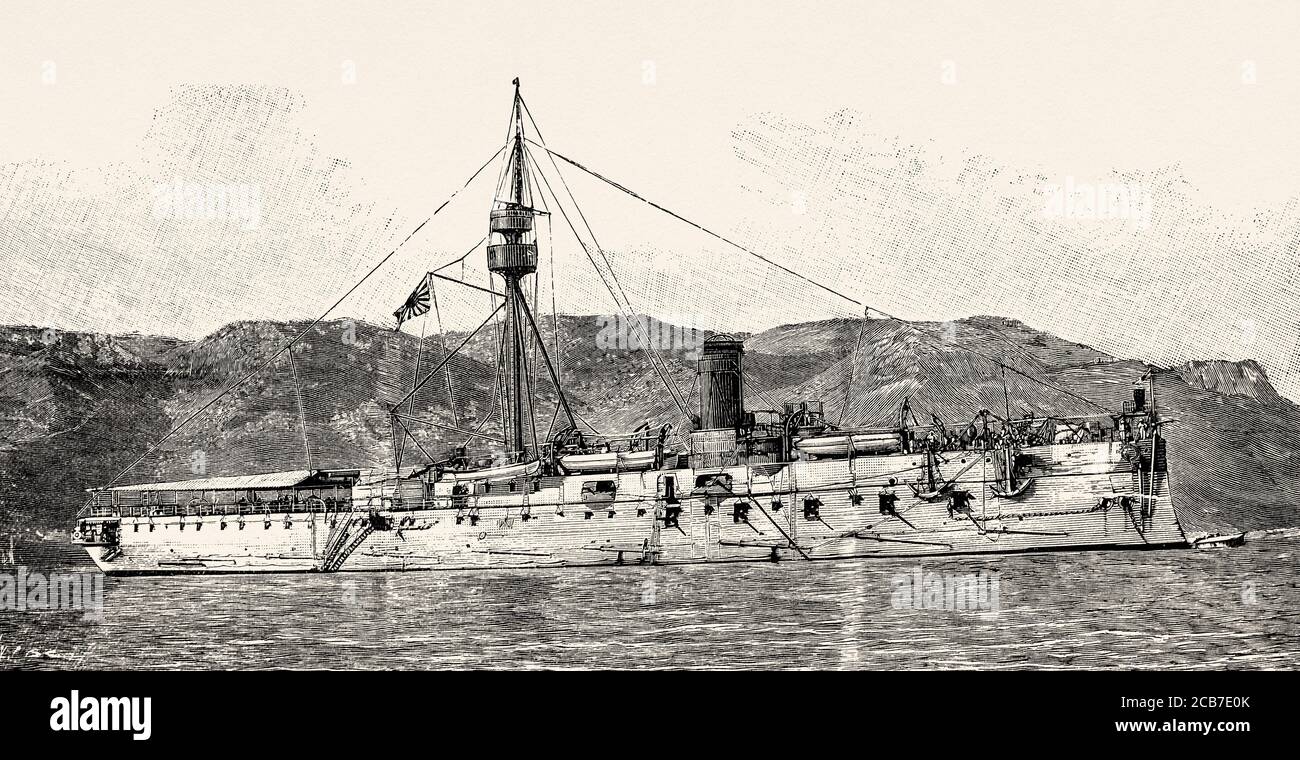 Nave da crociera protetta della Marina imperiale giapponese, nave da crociera della Guardia Costiera Matsushima, ammiraglia della flotta giapponese 1894, Giappone. Antico XIX secolo inciso illustrazione da la Ilustracion Española y americana 1894 Foto Stock