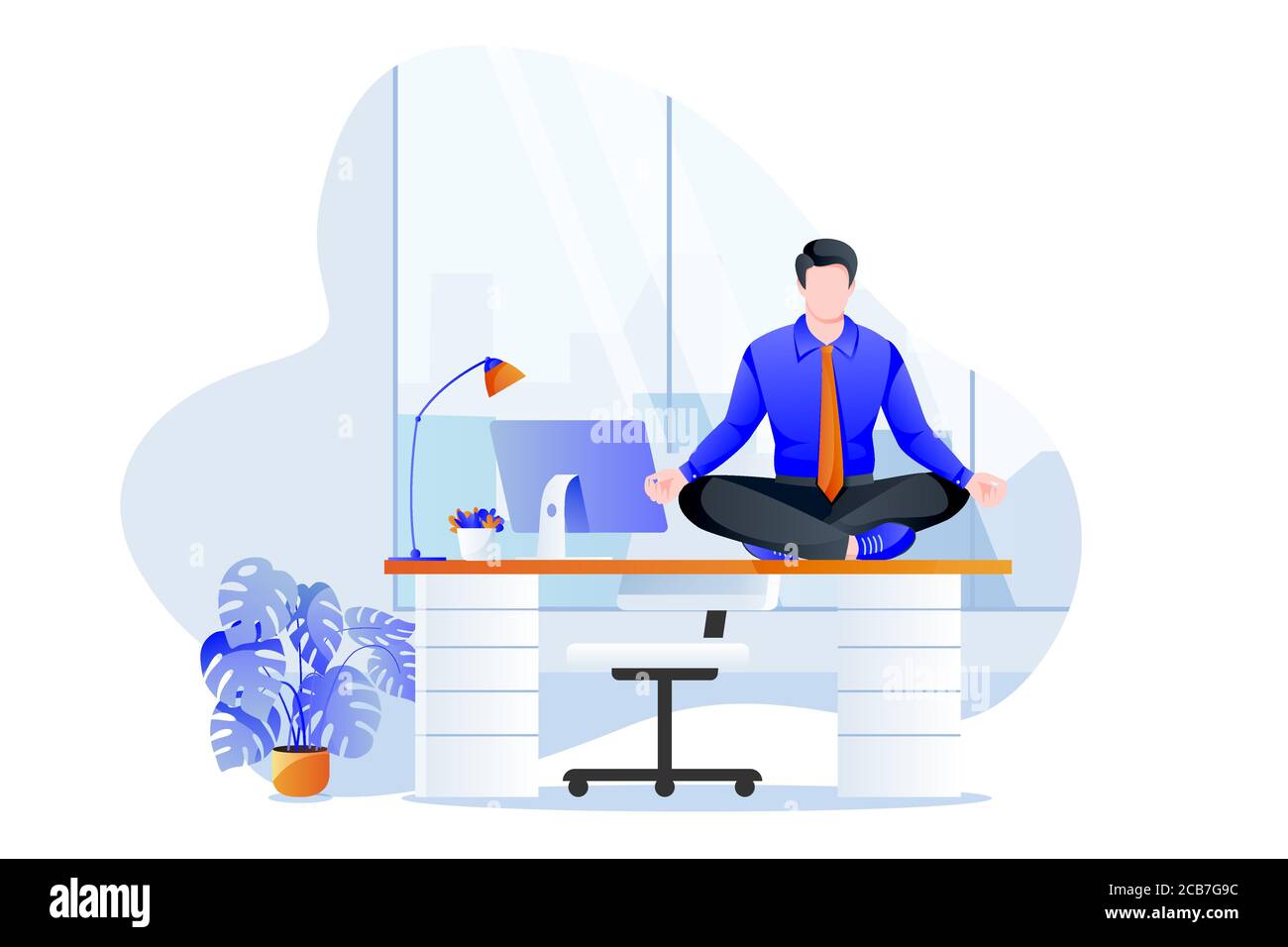 Un manager d'affari seduto in posa lotus sulla scrivania dell'ufficio. Office yoga 5 minuti di pausa. Uomo meditando in un moderno gabinetto. Illustrazione dei caratteri vettoriali. Illustrazione Vettoriale
