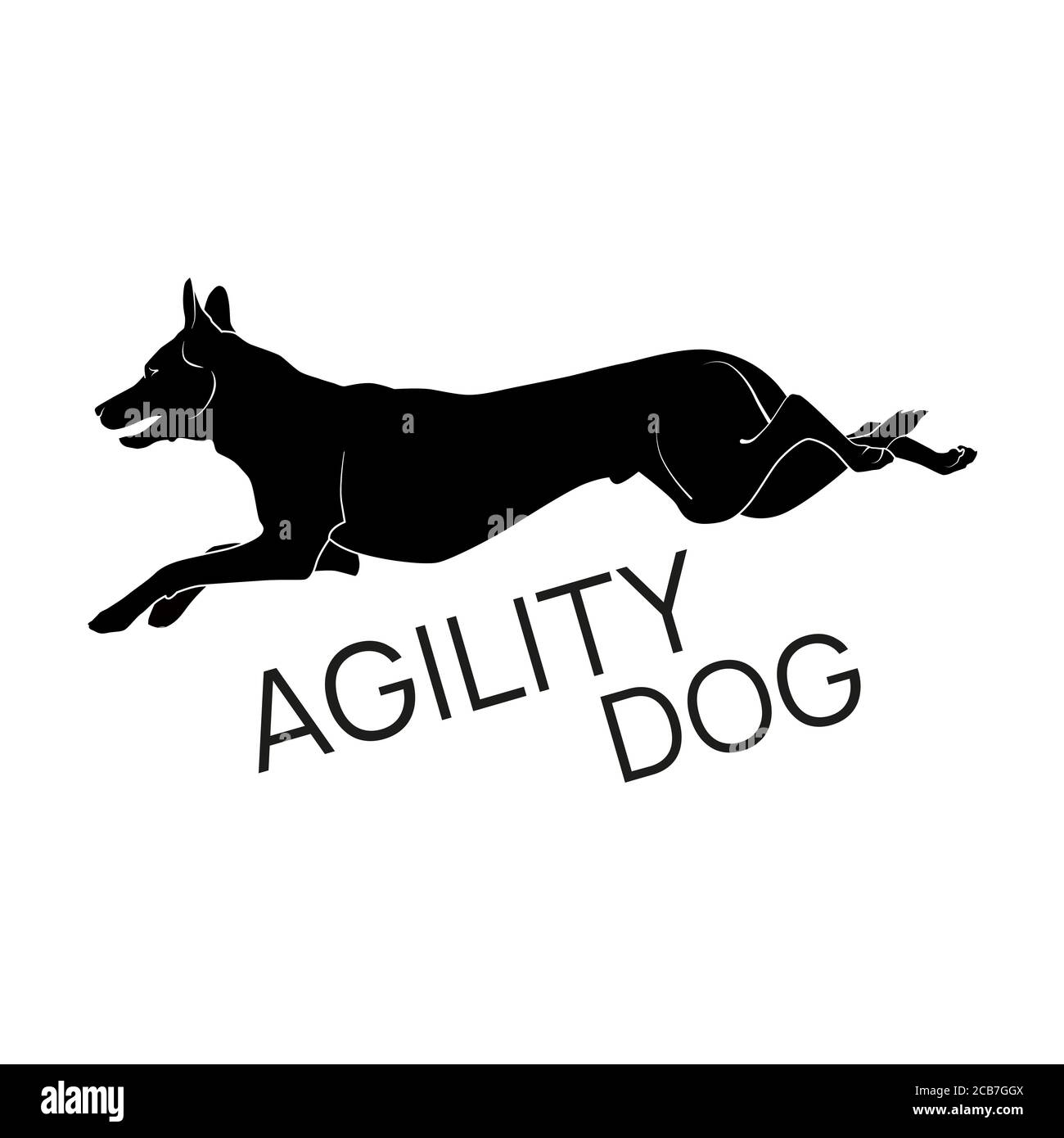 Sagoma vettoriale piatta del cane saltante per il modello di disegno del logo del club di agilità. Illustrazione Vettoriale
