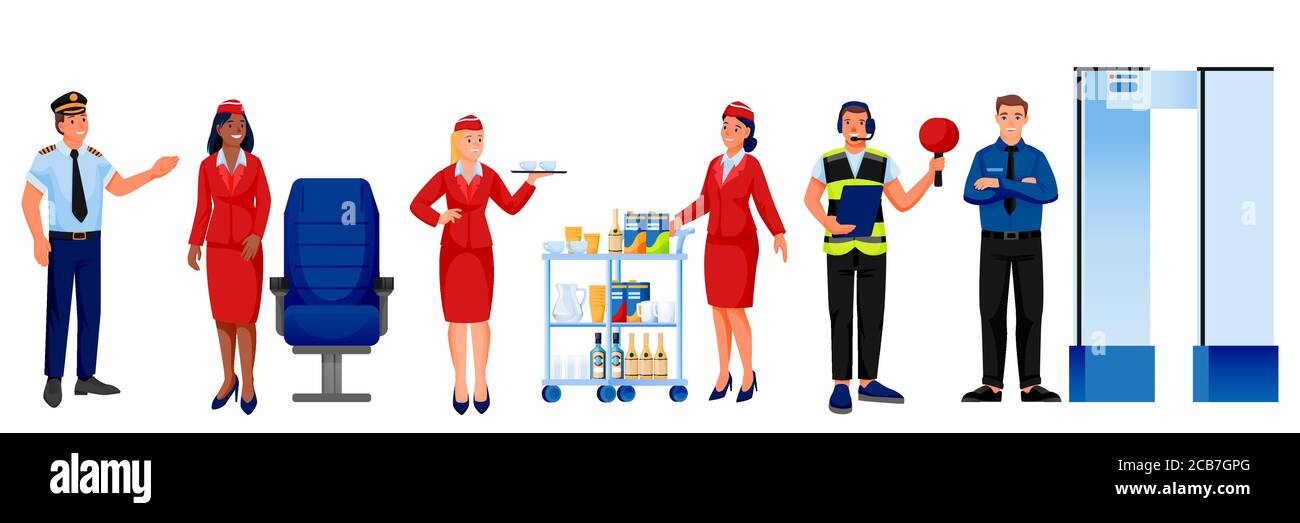 Il personale della compagnia aerea e dell'aeroporto, isolato su sfondo bianco. Illustrazione vettoriale. Uomini e donne lavoratori dell'aviazione professionale. Pilota, velocità, sec Illustrazione Vettoriale