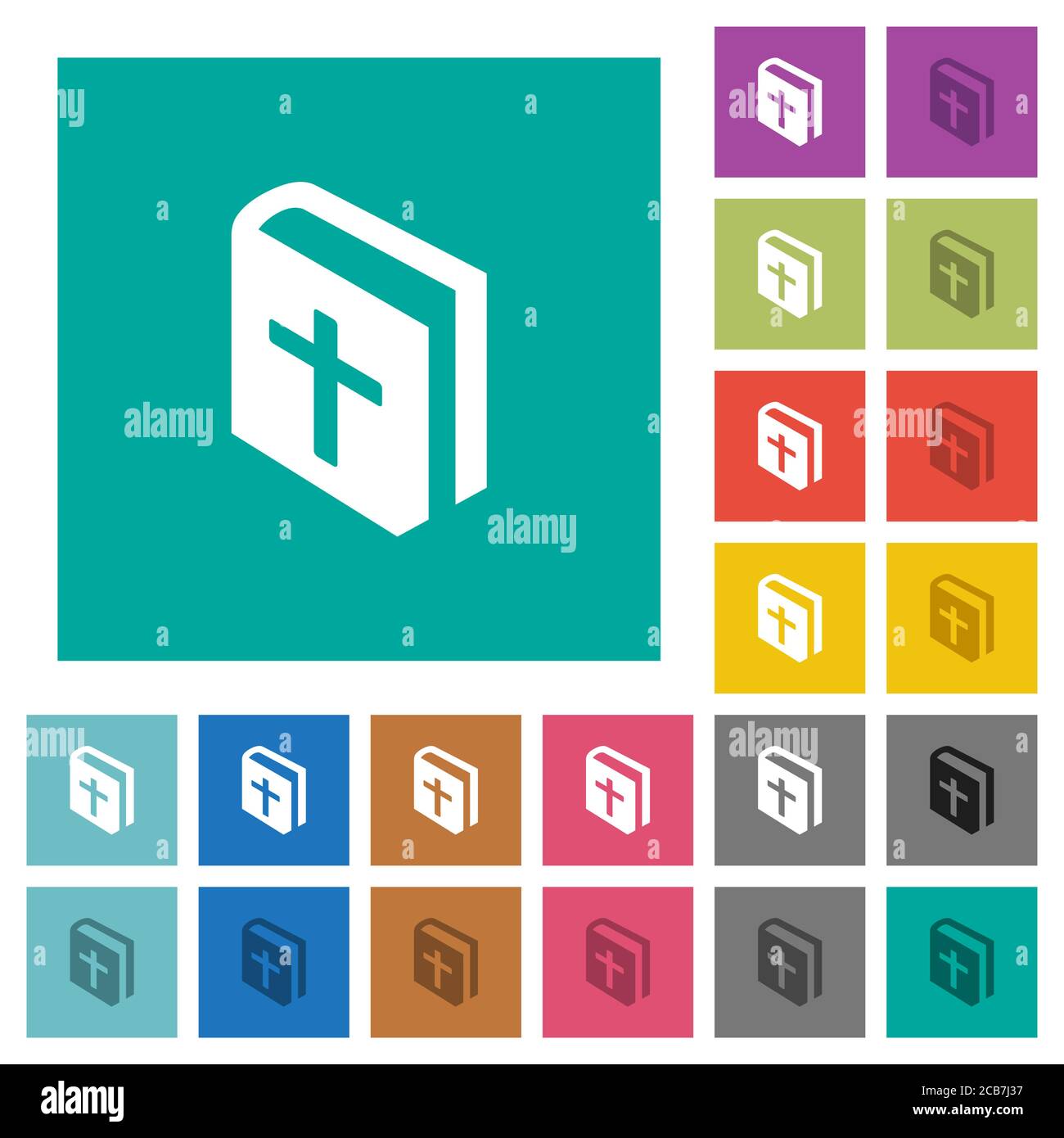 Bibbia Sacra icone piatte multicolore su sfondi quadrati. Incluse variazioni delle icone bianche e più scure per il passaggio del mouse o gli effetti attivi. Illustrazione Vettoriale