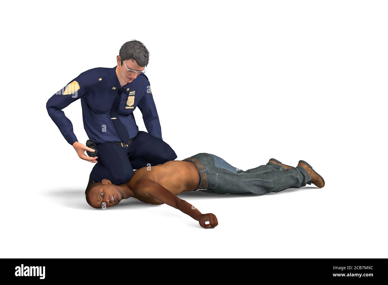 Fermare la brutalità della polizia - fermare la discriminazione contro i neri - a il poliziotto inforza un uomo nero sdraiato a terra con il suo ginocchio - isolato sulla schiena bianca Foto Stock