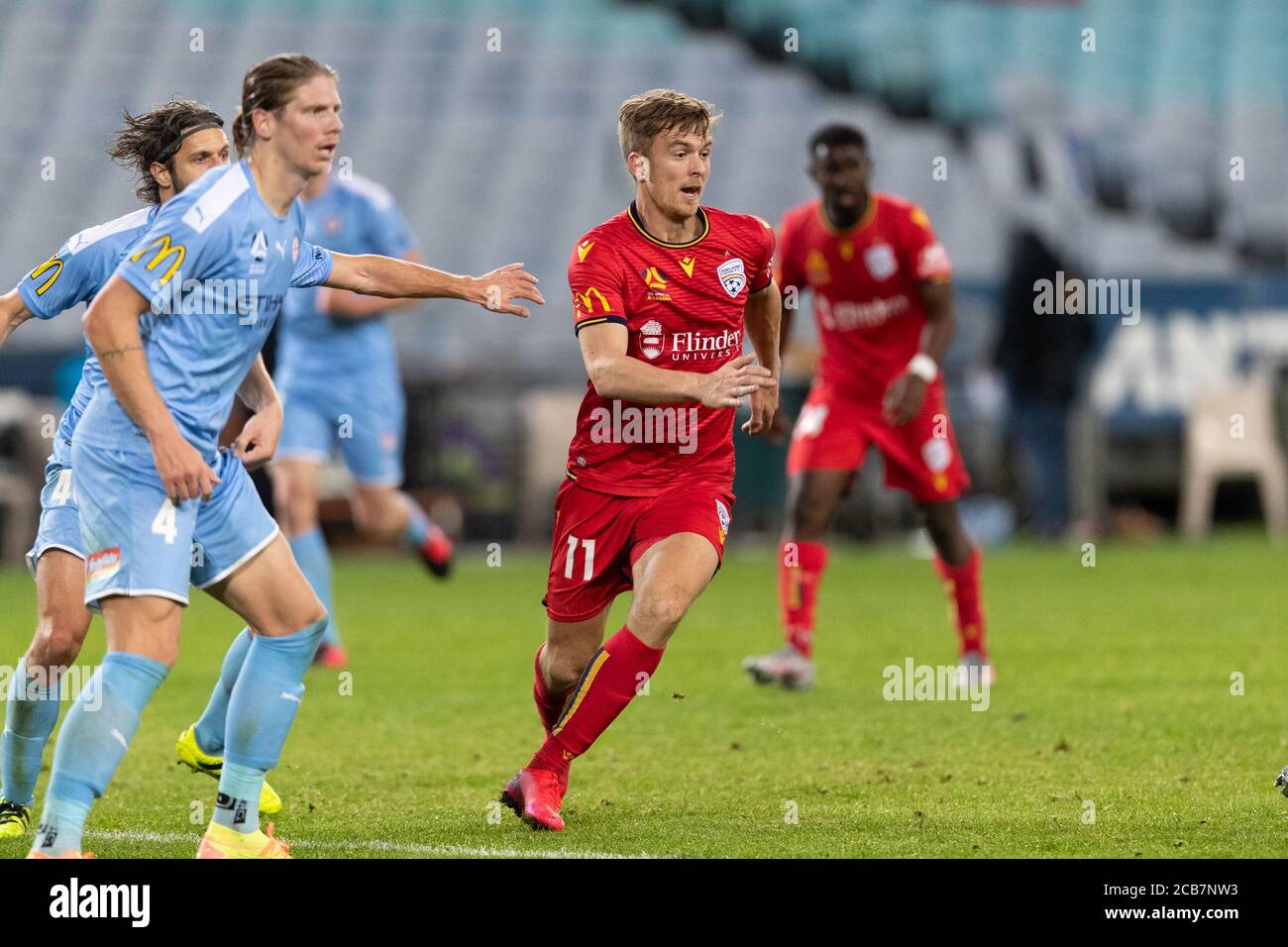 Sydney, Australia. 11 Agosto 2020. Adelaide United Forward Kristian Opseth (11) vuole segnare il vincitore durante la partita della Hyundai A League tra Melbourne City e Adelaide United all'ANZ Stadium di Sydney, Australia, il 11 agosto 2020. Foto di Peter Dovgan. Solo per uso editoriale, è richiesta una licenza per uso commerciale. Nessun utilizzo nelle scommesse, nei giochi o nelle pubblicazioni di un singolo club/campionato/giocatore. Credit: UK Sports Pics Ltd/Alamy Live News Foto Stock