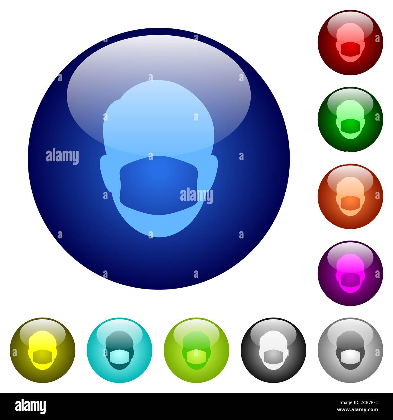 Faccia con le icone della maschera medica sui bottoni rotondi di vetro in più colori. Struttura di livello ordinata Illustrazione Vettoriale