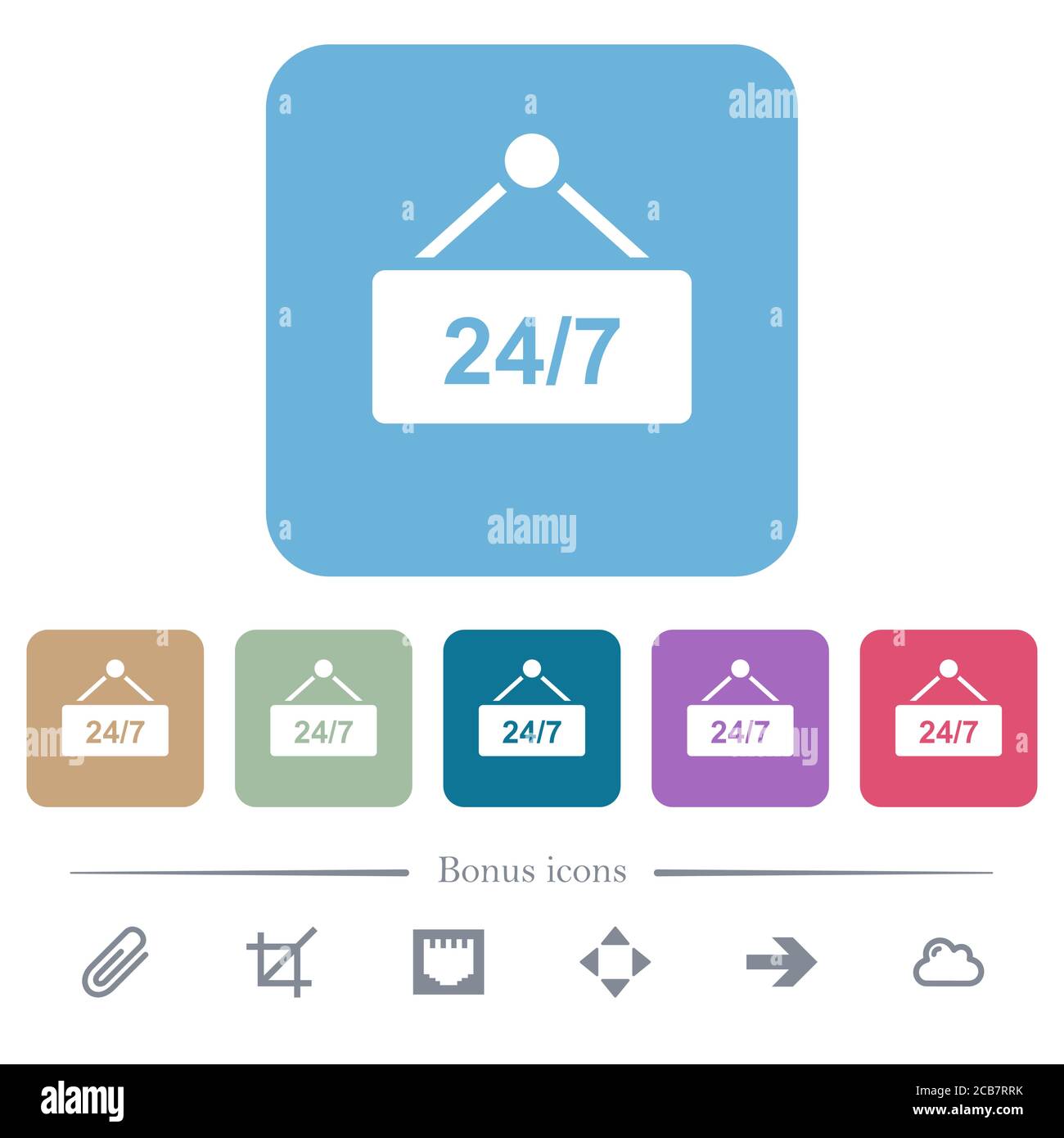 tavolo appeso con 24h sette giorni alla settimana bianco icone piatte su colore sfondi quadrati arrotondati. 6 icone bonus incluse Illustrazione Vettoriale