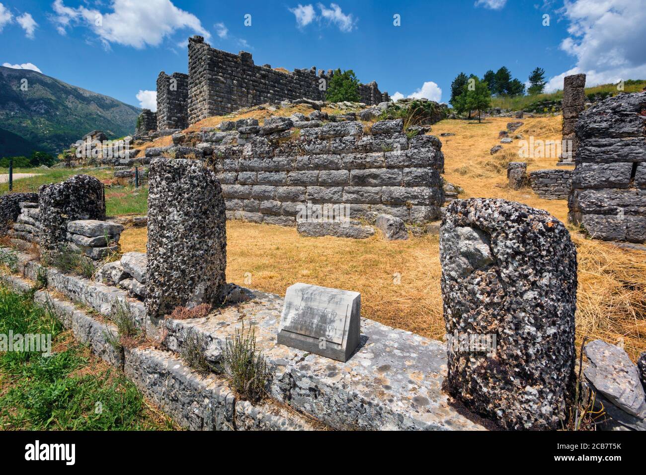 Grecia Epiro. Rovine dell antica Dodoni. Il bouleuterion (o senato) con le pareti del teatro dietro. Foto Stock