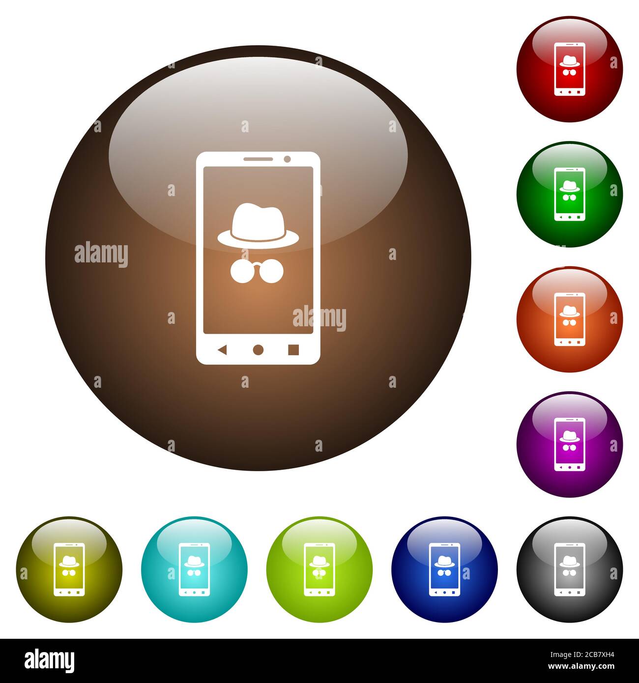 Icone incognito mobili bianche su pulsanti rotondi in vetro in più colori Illustrazione Vettoriale