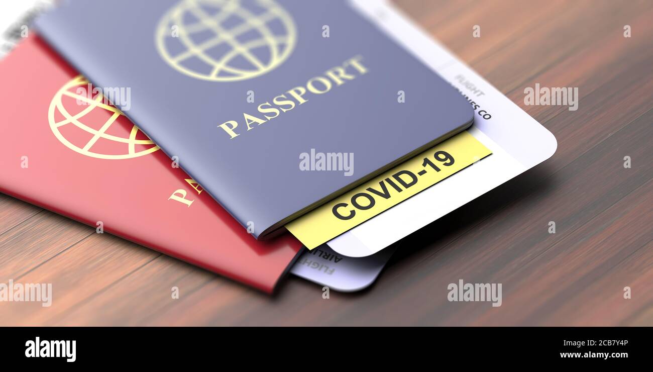 Coronavirus e concetto di viaggio. COVID-19 nota sul passaporto. Controllo delle frontiere e quarantena infetta dei turisti, documenti di viaggio su tavola di legno, cl Foto Stock