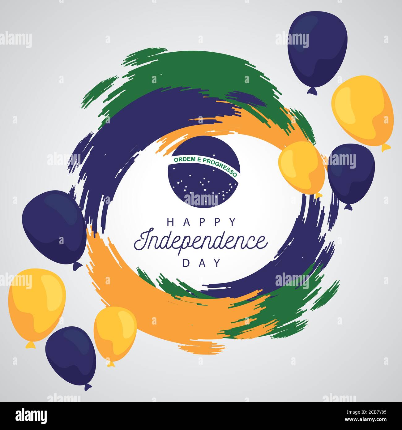 brasile felice festa indipendente giorno con bandiera in palloncini elio disegno di illustrazione vettoriale a telaio circolare Illustrazione Vettoriale