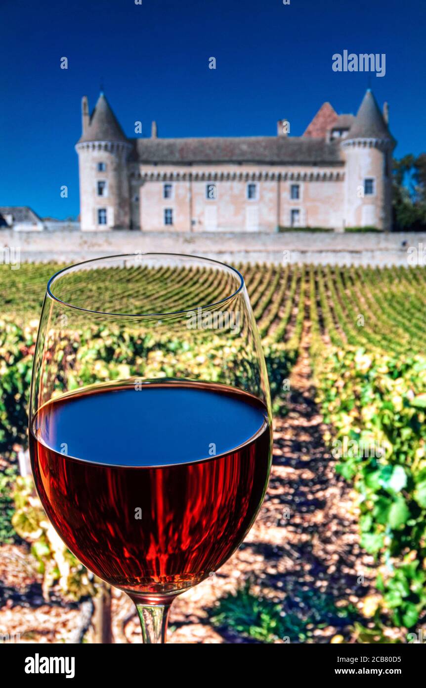 Degustazione di vini francesi Chateau, con un bicchiere di vino rosso nel vigneto d'autunno, che conduce a Chateau de Rully Saone-et-Loire, Cote Chalonnaise, Francia Foto Stock